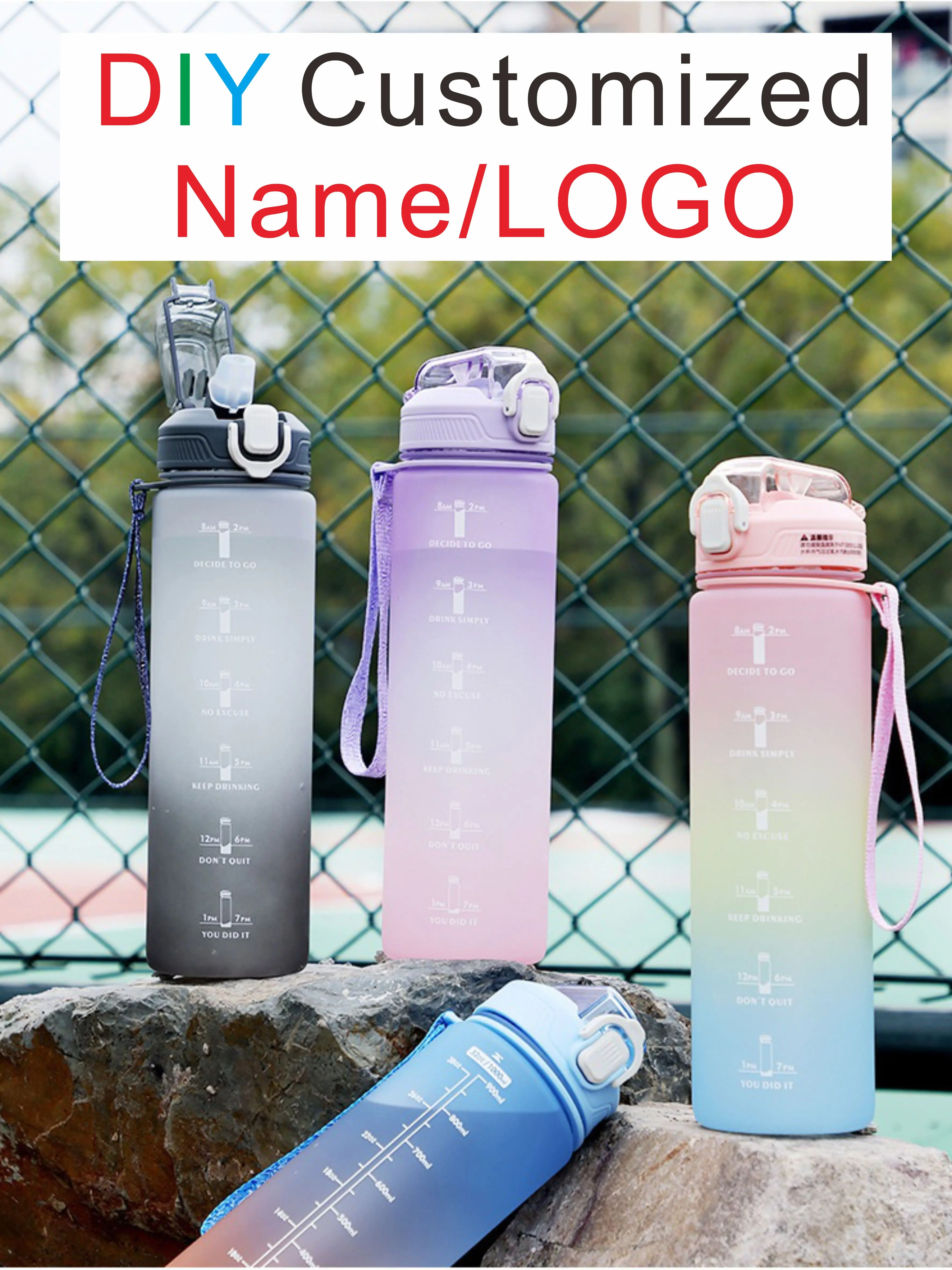 DIY LOGO Name Plastic Bottle With Straw 1L Big Capacity Customize Print Your Pattern Design Outdoor Easy Take Summer Sport Drink