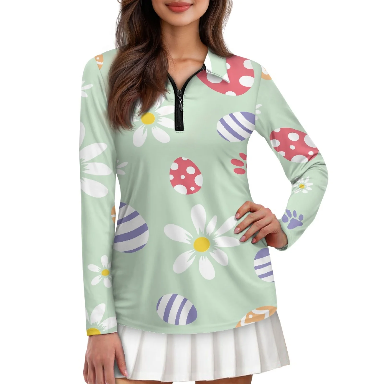 PENSTROLL Easter Themed Print Womens Breathable Zip Polo Tennis Top Long Sleeve Golf Shirts for Fall