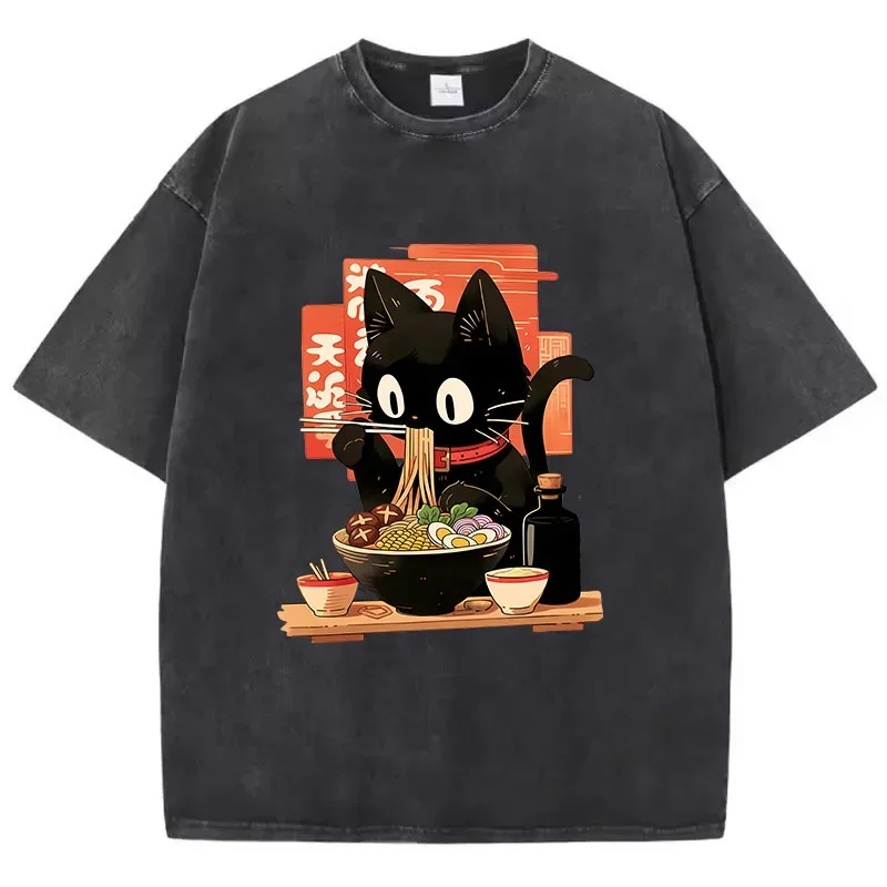 Streetwear T Shirt Vintage Washed 100% Cotton T-Shirt Black Ramen Cat Japanese Anime Style Graphic Tee Casual Spring