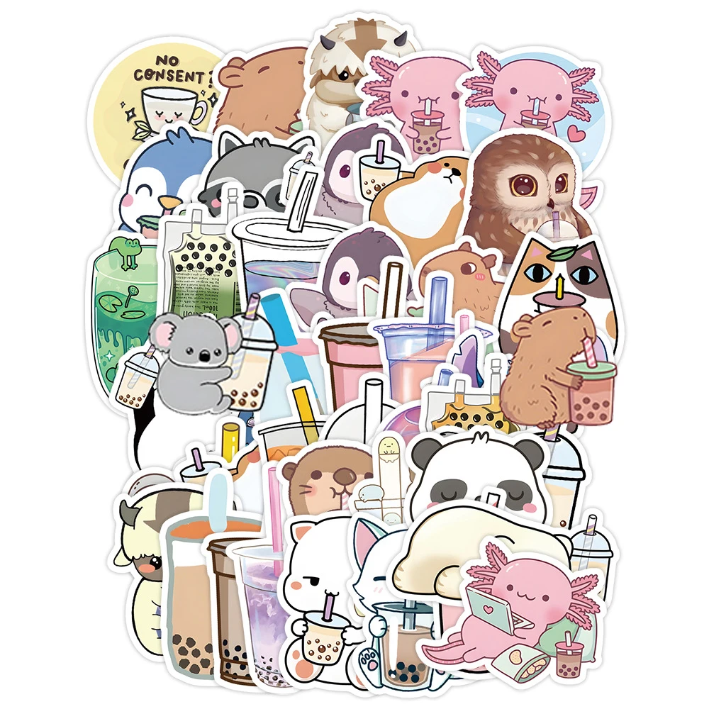 10/30/50pcs Kawaii Animal Pearl Milk Tea Stickers Cute Cartoon Kids Decals Toy DIY Fridge Scrapbook Phone Graffiti Sticker Decor