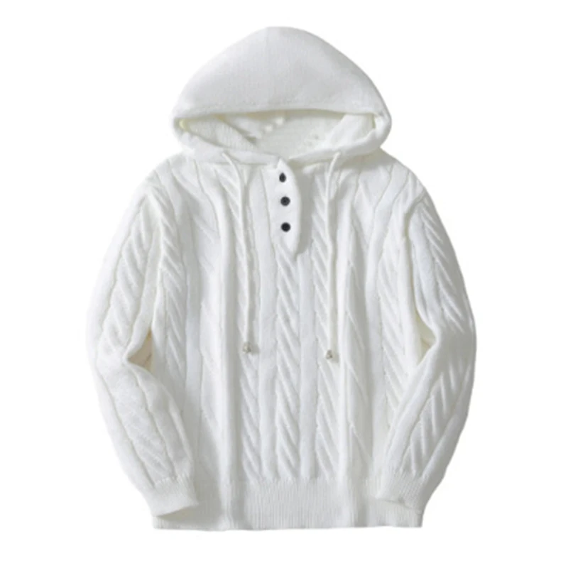 Herren Weißer Kabelstrick-Hoodie Pullover Langarm mit Kordelzug Kapuze Lässiger Lockerer Schnitt Verdickter Pullover Winter-Top Streetwear Jumper – Detail 2