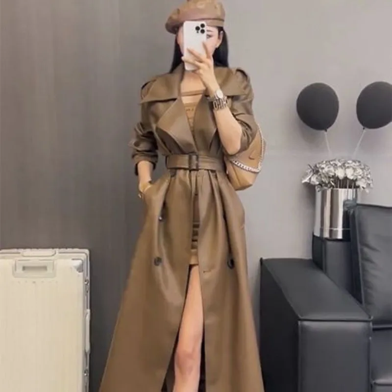 Sênior preto trench coat longo retro 2024 novo casaco de couro do plutônio temperamento britânico casaco solto e grosso quente simples moda