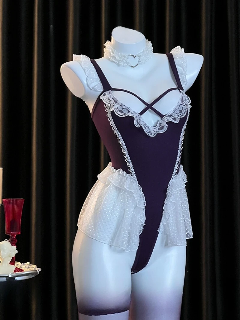 

Purple Maid Uniform for Women,French Style Seductive Lace-Trimmed Skirt One-Piece Dress,Pure Desire Role-Play Lingerie,Romantic