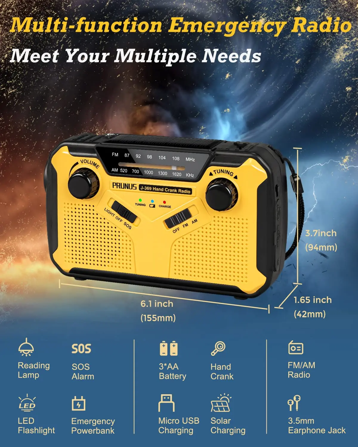 Radio di emergenza AM/FM Radio portatile Solor manovella USB batterie AA torcia ricaricabile lampada da lettura allarme SOS per emergenze