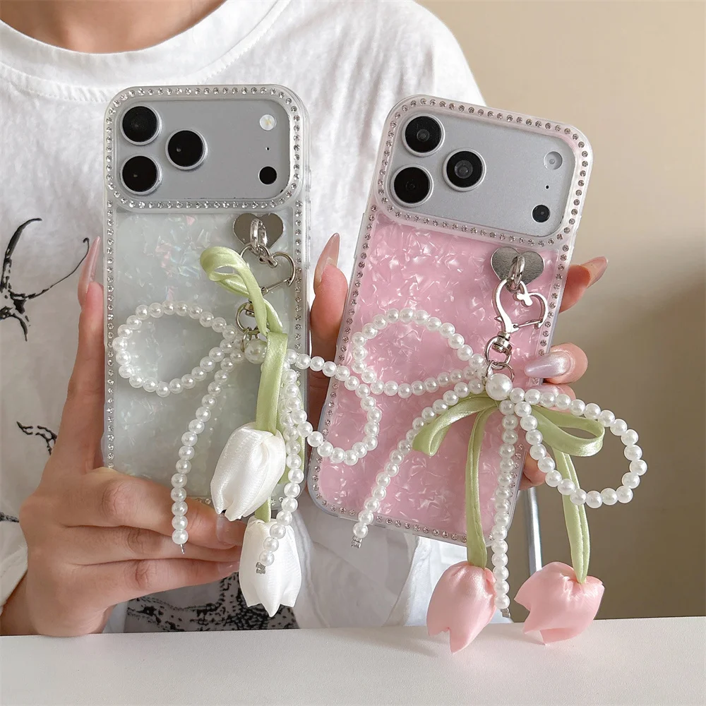 Spring Cottage Silk Ribbon Tulip Bow Phone Case for 17 Pro Max Iridescent Shell Texture Protective Cover for iPhone 16 15 14