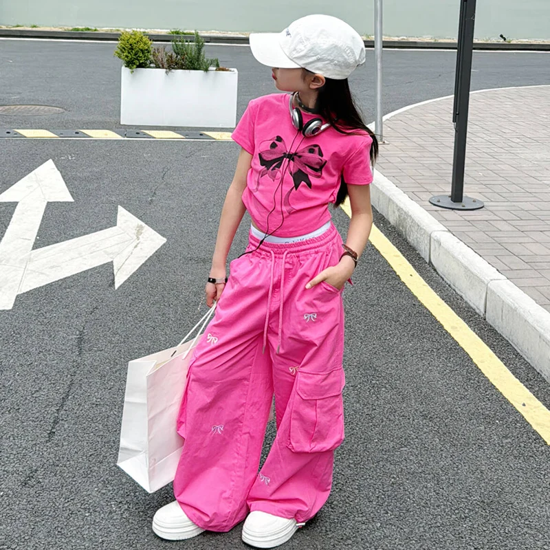 Fashionable Girl Outfits Summer Costume Cotton T-shirt + work Pants Bow Sets for 4 5 6 7 8 9 10 11 12 13 Year old Children\' Suit