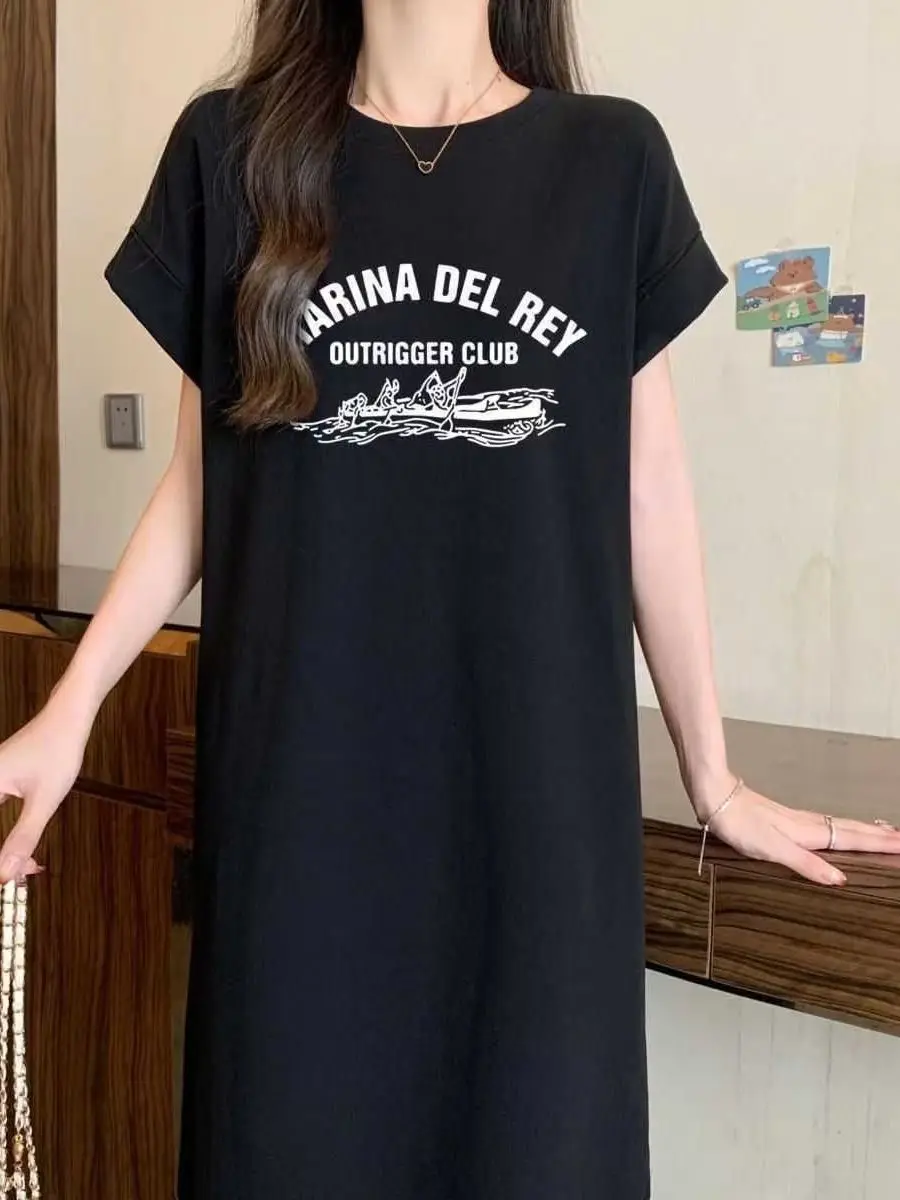

Summer New plus Size Loose Women's Sleep Dress T-Shirt Long Dress Korean Style Casual Home Wear Short Sleeve round Neck