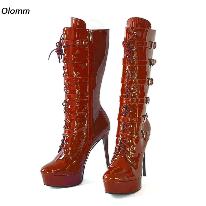 

Olomm Women Platform Winter Knee Shiny Boots Unisex Buckle Strap Sexy Stiletto Heels Round Toe Red Blue Club Shoes US Size 5-20