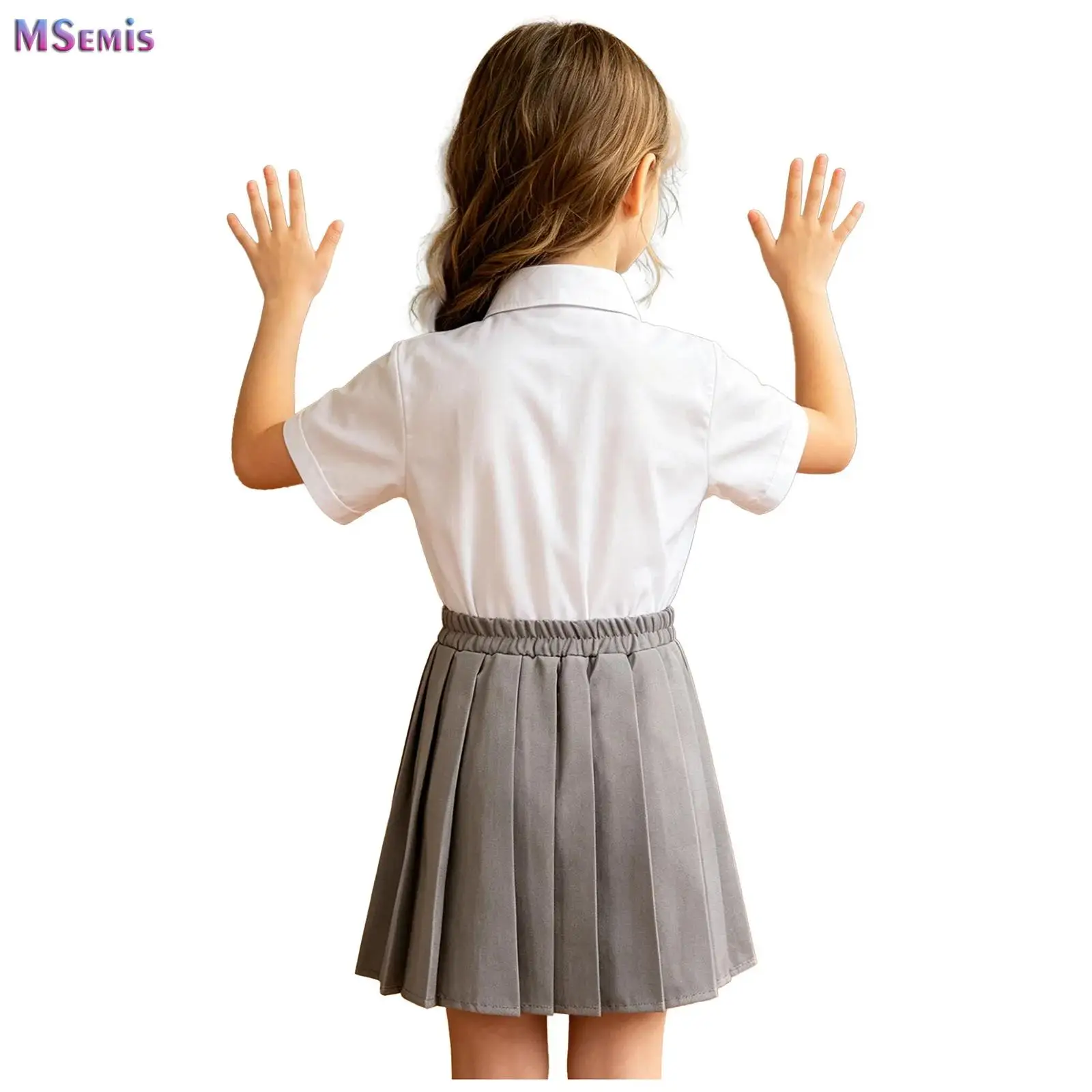 

Kids Short-sleeve Button Shirt with Pleated Skirt Badge Bow-tie Girls Clothes Sets Formal Dress Tuxedos Children School Uniforms
