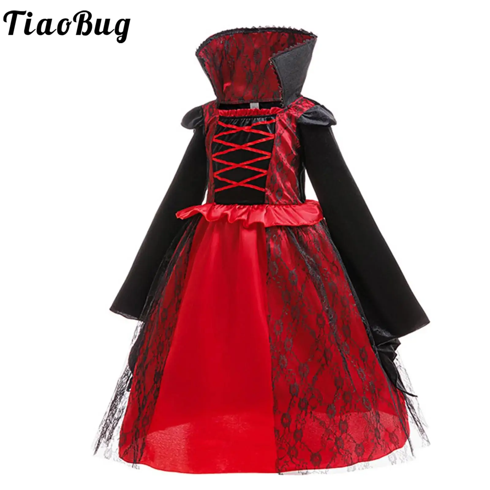 

Kids Girls Royal Vampire Costume Long Bell Sleeve Lace-Up Design Floral Lace Overlay Gothic Dress for Halloween Cosplay Dress Up