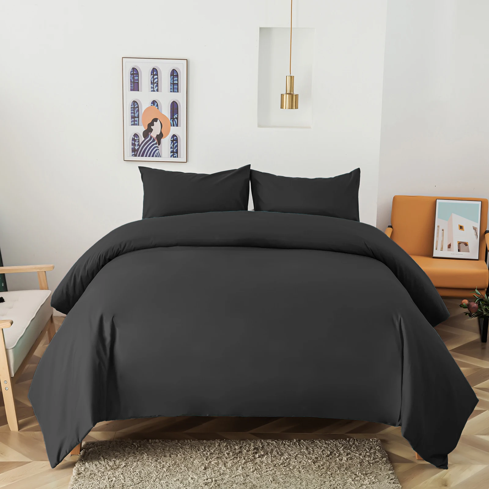 طقم غطاء لحاف أسود وأغطية سرير لجميع مقاسات السرير: كوين، كينج، كامل، 220 × 240، 3-7 قطع طقم سرير متين، سهل العناية، مناسب عالمي #2