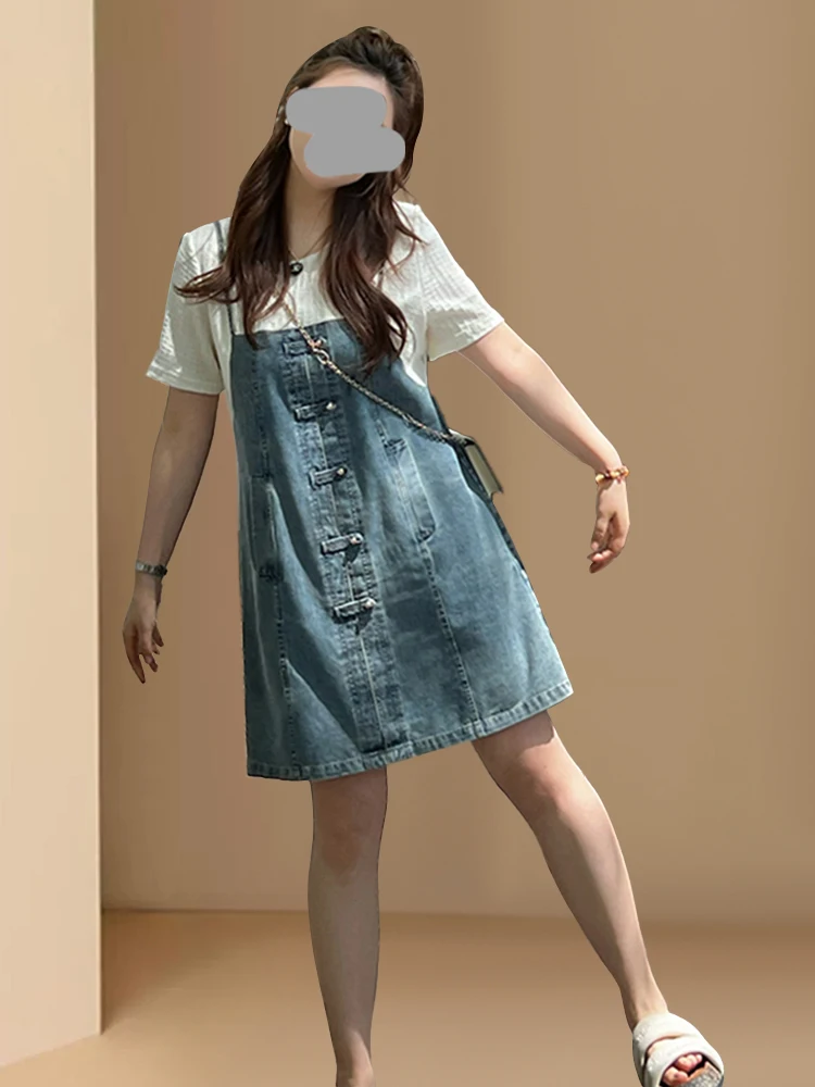 

Летнее свободное женское джинсовое платье с пэчворком и цветовыми блоками, имитация двух частей, с завышенной талией, А-силуэт, короткий рукав, круглый вырез, повседневное