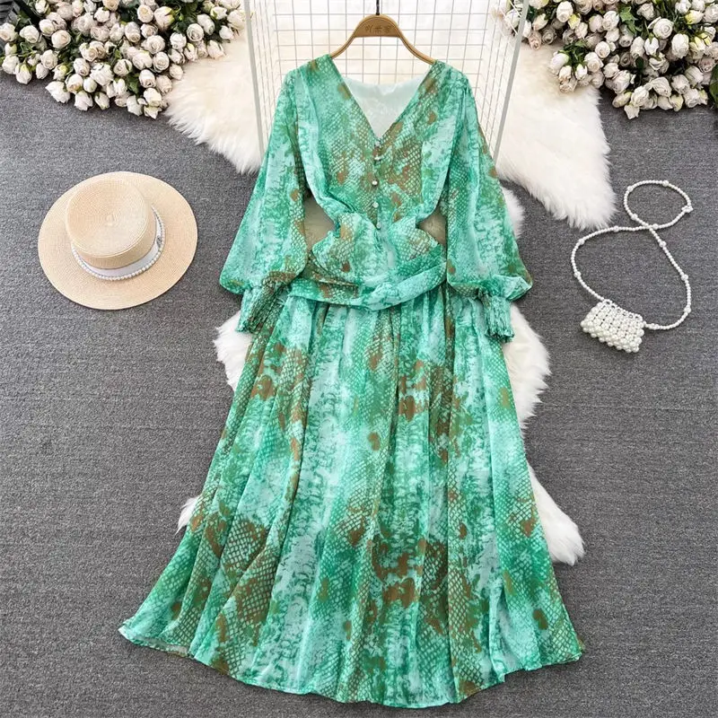 Spring And Autumn Dress Luxury Elegant Lantern Long Sleeve V-Neck Waist Shrinking Wrinkle A-Line Snake Print Dress Maxi Z2744