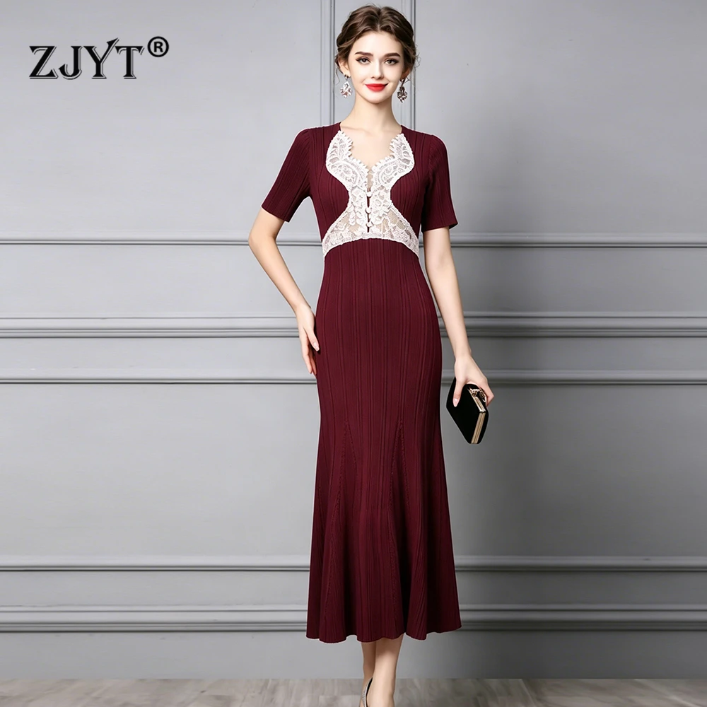 

ZJYT Elegant Summer Long Knit Dress Sweaters Women 2026 New Lace Patchwork Short Sleeve Slim Fit Party Red Dresses Ladies Robe