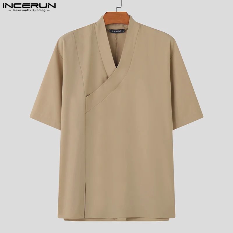 INCERUN top 2024 stile cinese colletto incrociato da uomo Design solido semplice camicetta per il tempo libero Streetwear camicie a maniche corte maschili S-5XL