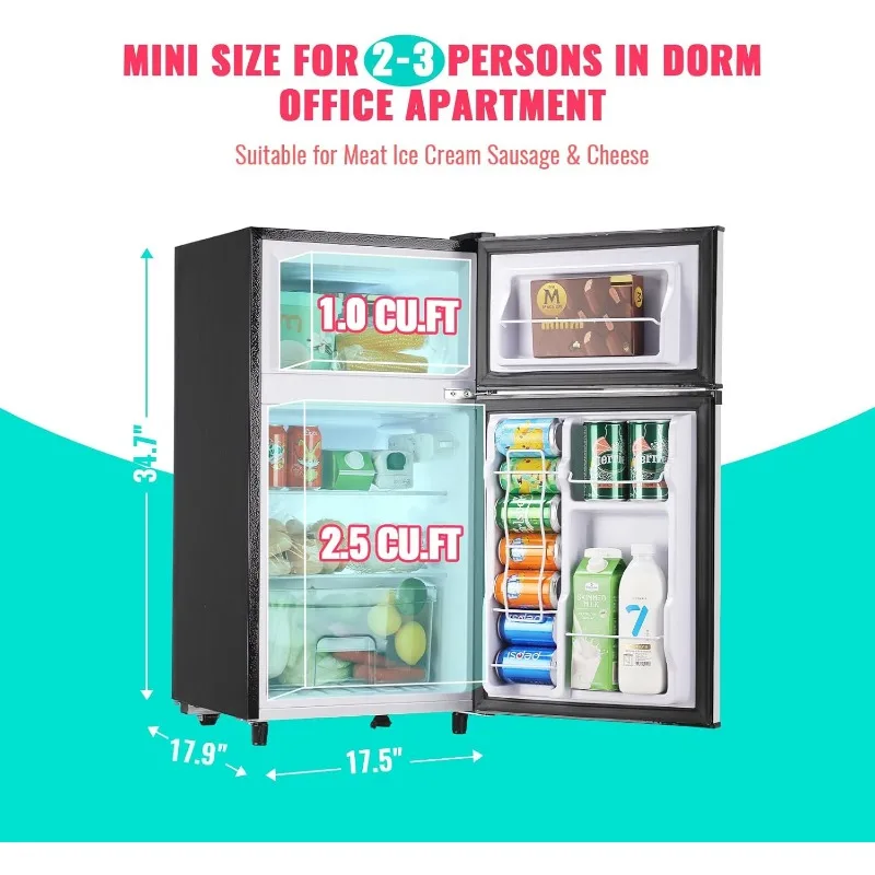 Kulkas kecil dengan Freezer 3.5 Cu.Ft kulkas Mini dengan Freezer di atas pintu ganda kulkas kecil untuk kamar tidur kantor perak