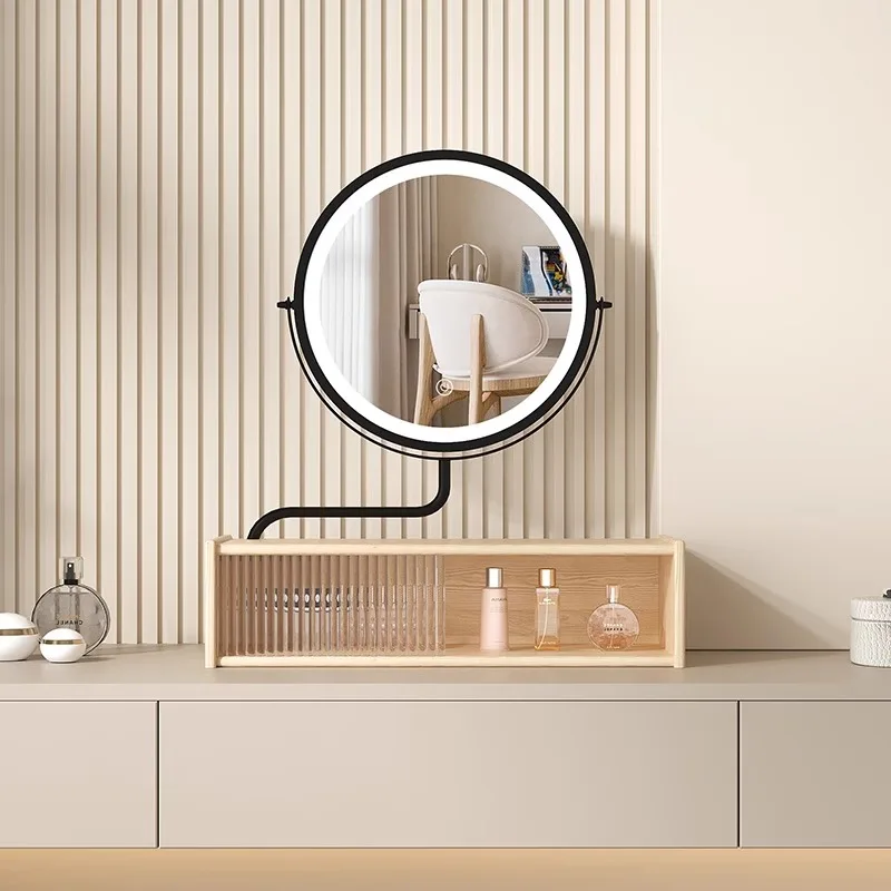 celebrity desktop rotating makeup mirror Solid wood smart led vanity mirror Dresser desktop with storage mirror