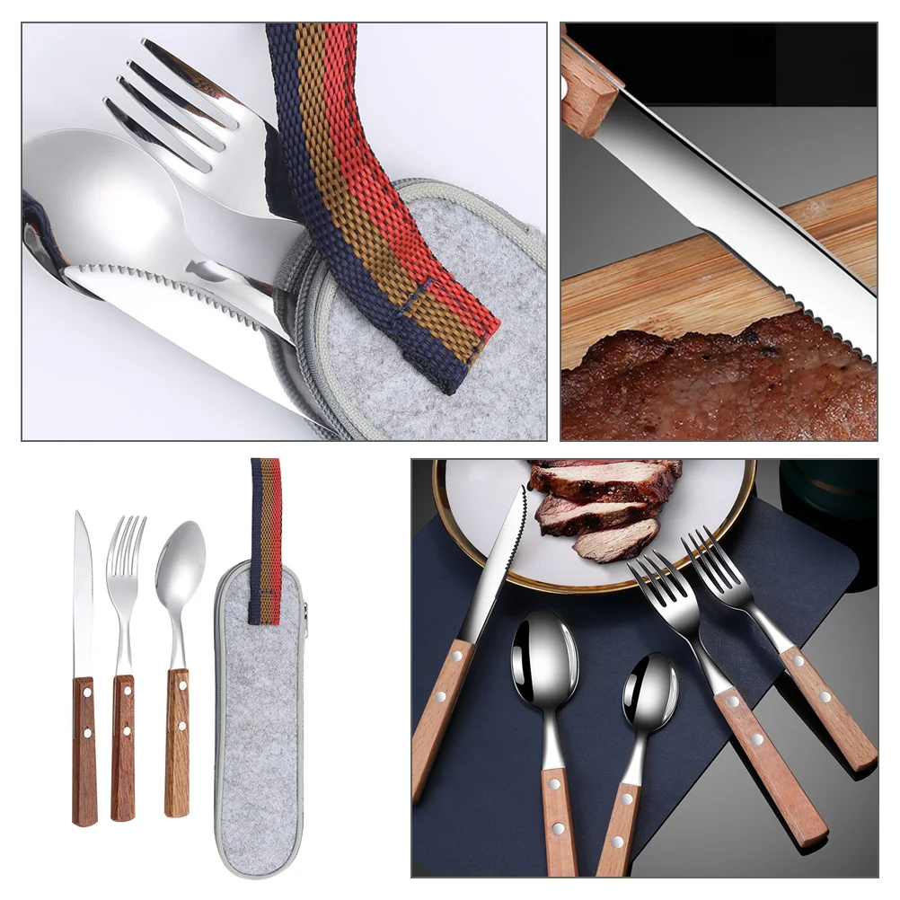 

Metal Cutlery Spoon Set Travel Serving Utensils Tableware Wood Outdoor Fork Kit