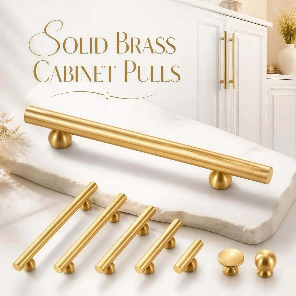 Modern Sleek Brass Cabinet Pulls Minimalist Luxury Solid Brass Handles Durable Smooth Gold Drawer Knobs Cabinetry,Furniture