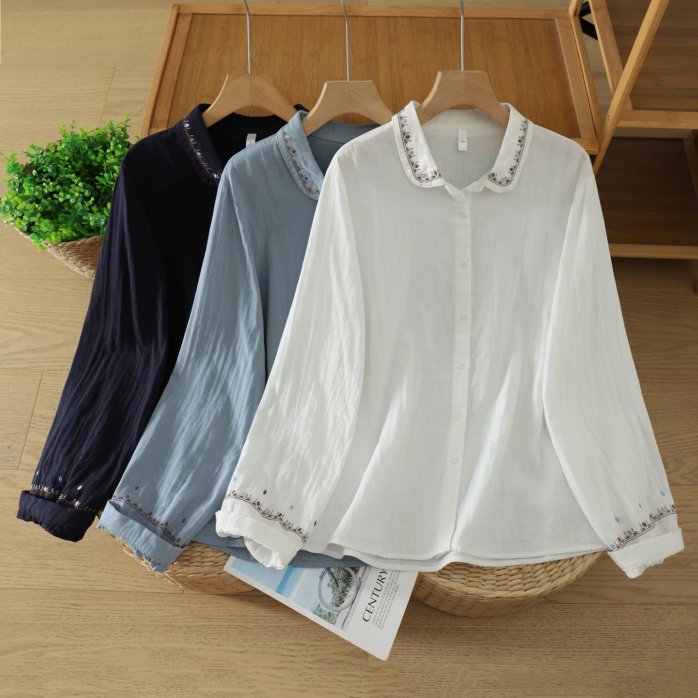 Embroidered Long Sleeve Cotton Shirt Women's Turn-down Collar Spring Autumn Outerwear Open Cardigan Layering Base Shirt