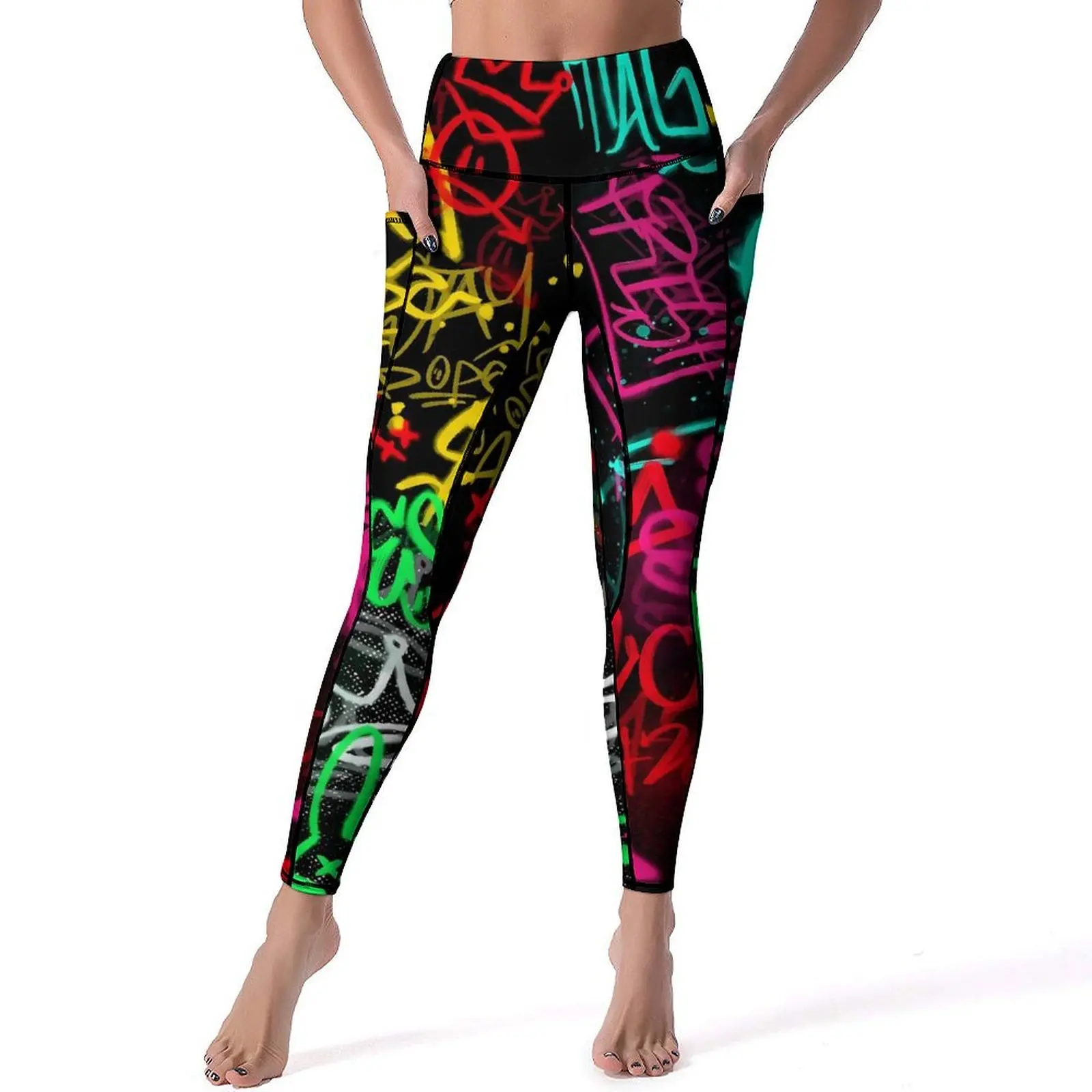 

Graffiti Inspired Yoga Pants Colorful Letter Print Workout Leggings High Waist Stretchy Sports Tights Design Yoga Legging Gift