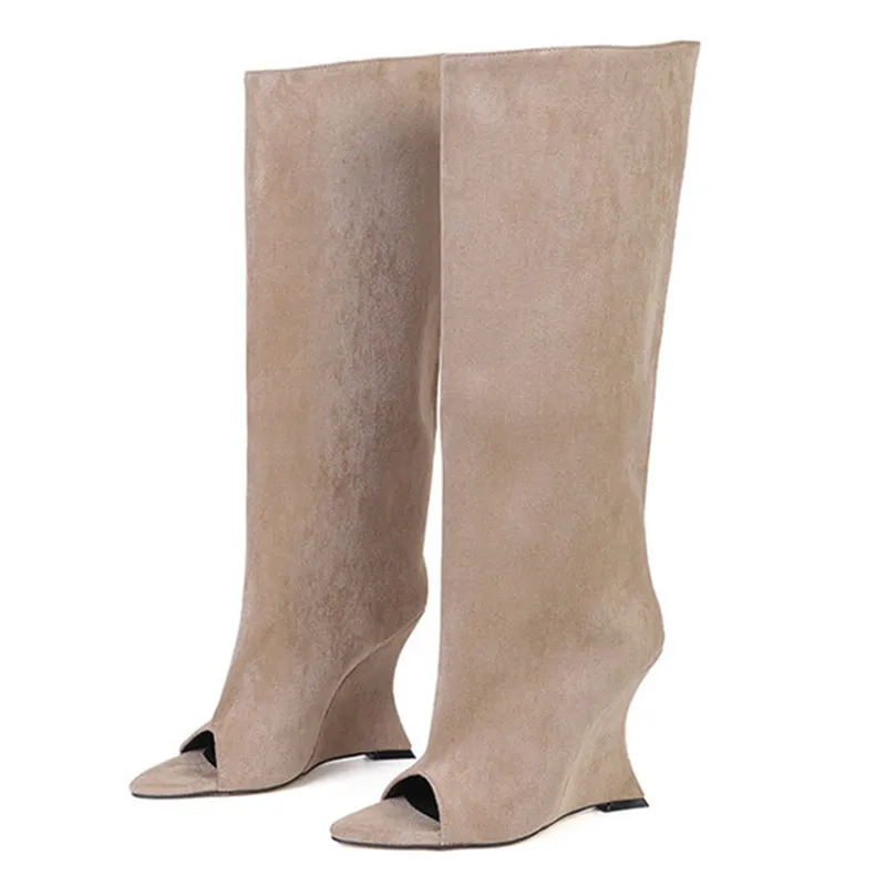 Brown Faux Leather Slouch Knee High Boots Women Open Toe Curve Wedge Heel Ruched Sandal Boots Y2K Street Party Footwear