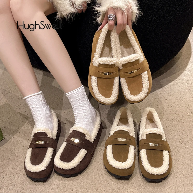 Luxury Shearling Lined Faux Suede Loafers Woman Brand Design Warm Plush Penny Shoes Ladies Casual Soft Round Toe Flat Moccasins