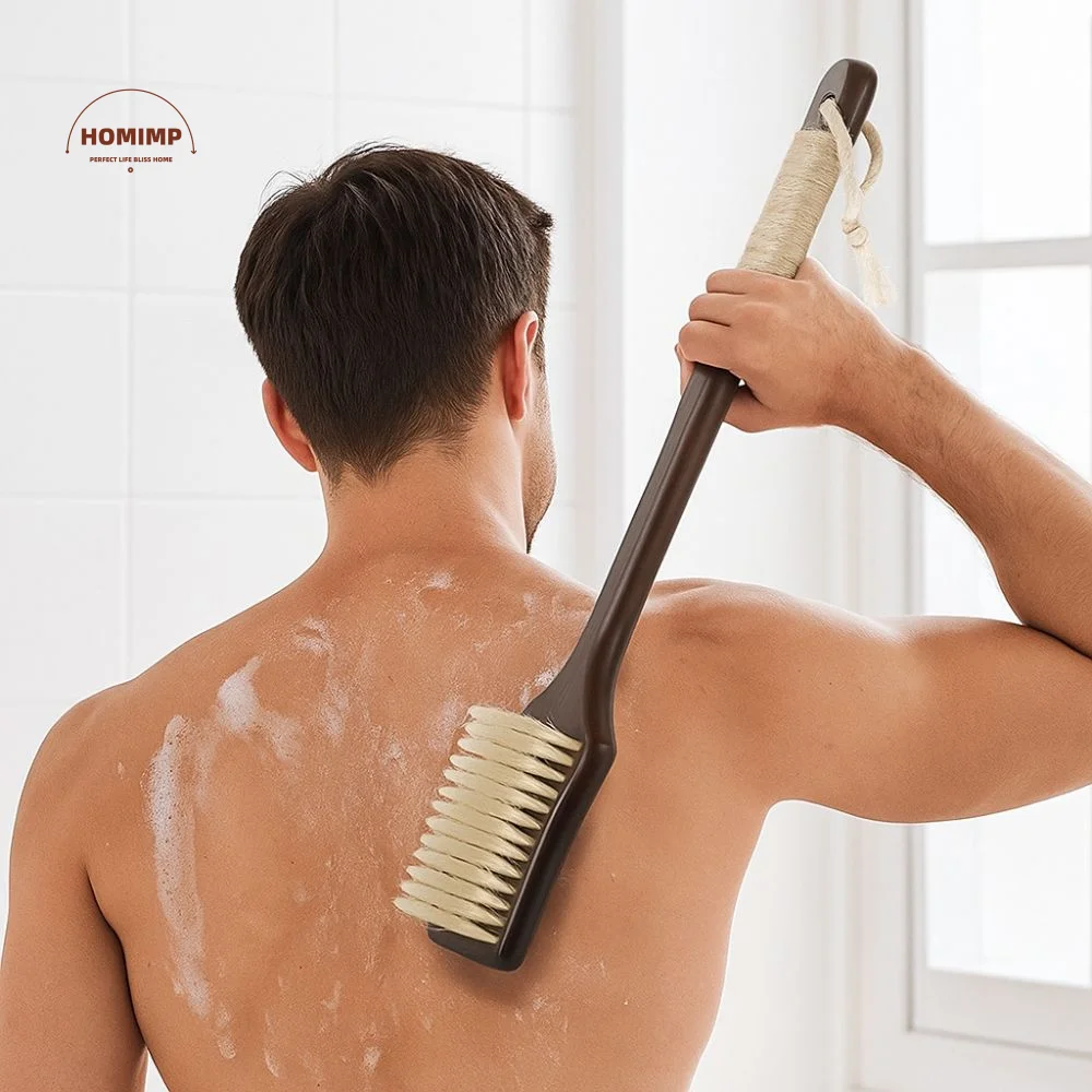 

Skin Care Wood Long Handle Brush Ergonomic Self Care Bath Exfoliating Brush Soft Bristles Massage Brush Bathroom Tools