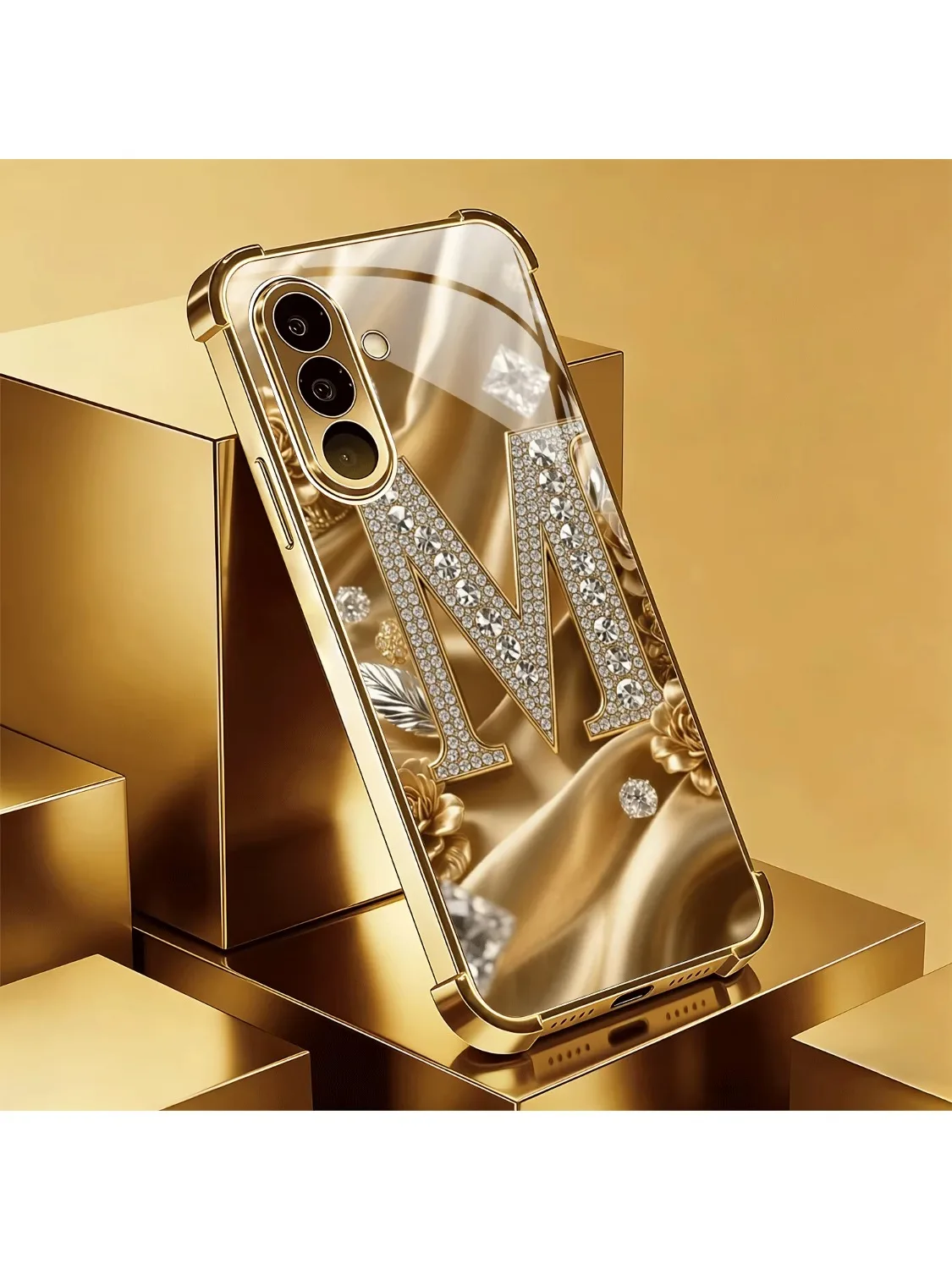 Złote etui na telefon z diamentami i złotym wzorem w kształcie litery M, wykonane ze złotego szkła, do Samsung Galaxy S26/22/23/24/25 PLUS/24/25 ULTRA/26 — zdjęcie produktu 7