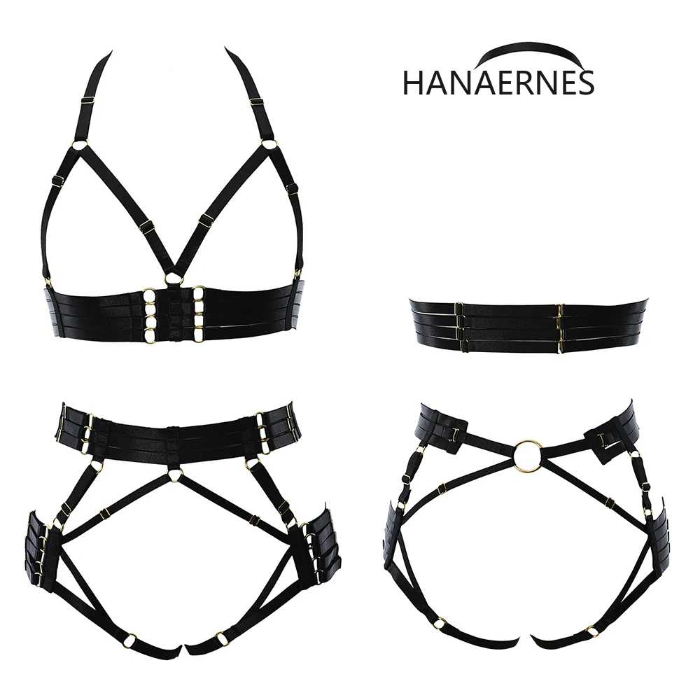 HANAERNES Elastic Adjustment Punk Dance Carnival Costume Gothic Suspender Bra Women's Black Tight Top Garter Sexy Lingerie Set