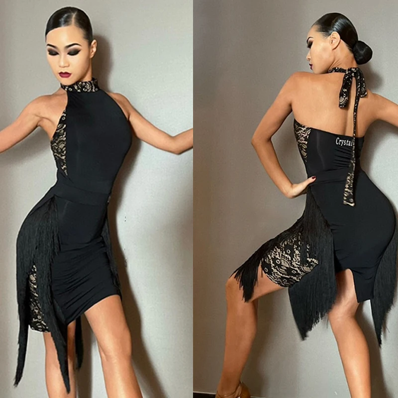 New Latin Dance Dress Women Halter Neck Black Lace Dress Party Fringe Dress Practice Wear Adult Rumba Dance Costume DNV18707