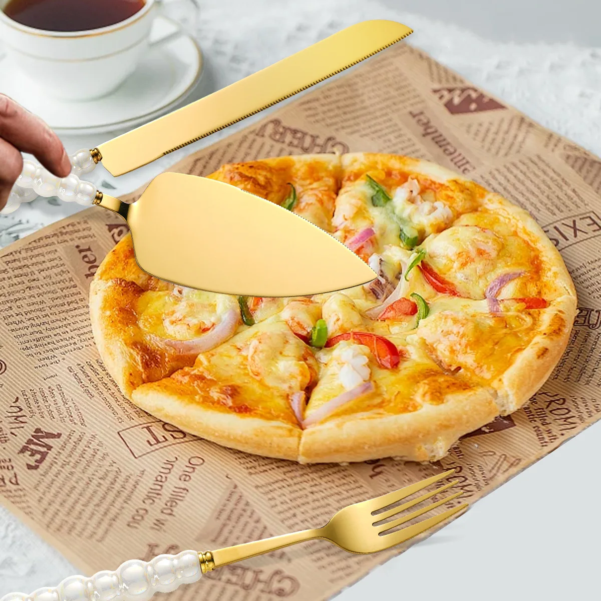 Creative Pearl Ceramic Handle Cake Knife and Spatula Set Steel Stainless Cheese Slicer Pizza Knife Dessert Fork