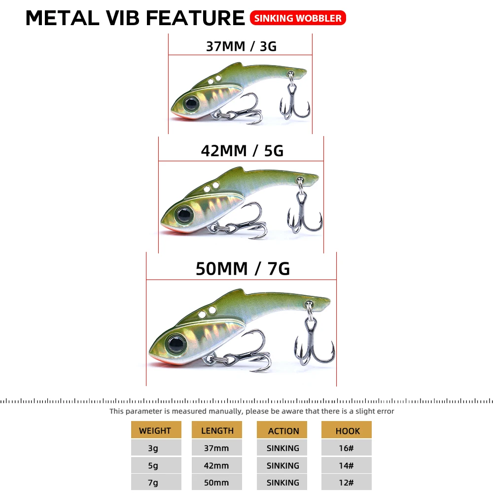 Agoie 3PCS Mini VIB Lipless Crankbait Set 37/42/50mm Sinking Hard Lures Metal Vibration Bait for Bass Pike