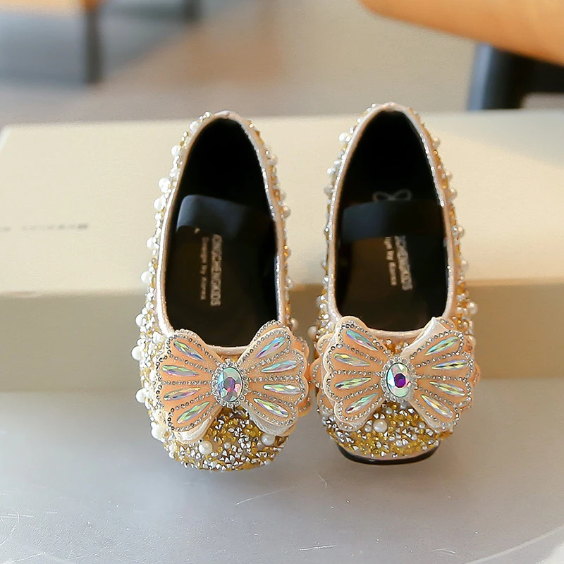 Zapatos de princesa para niña, calzado individual de suela suave con diamantes de imitación, de cuero, para otoño, 2024