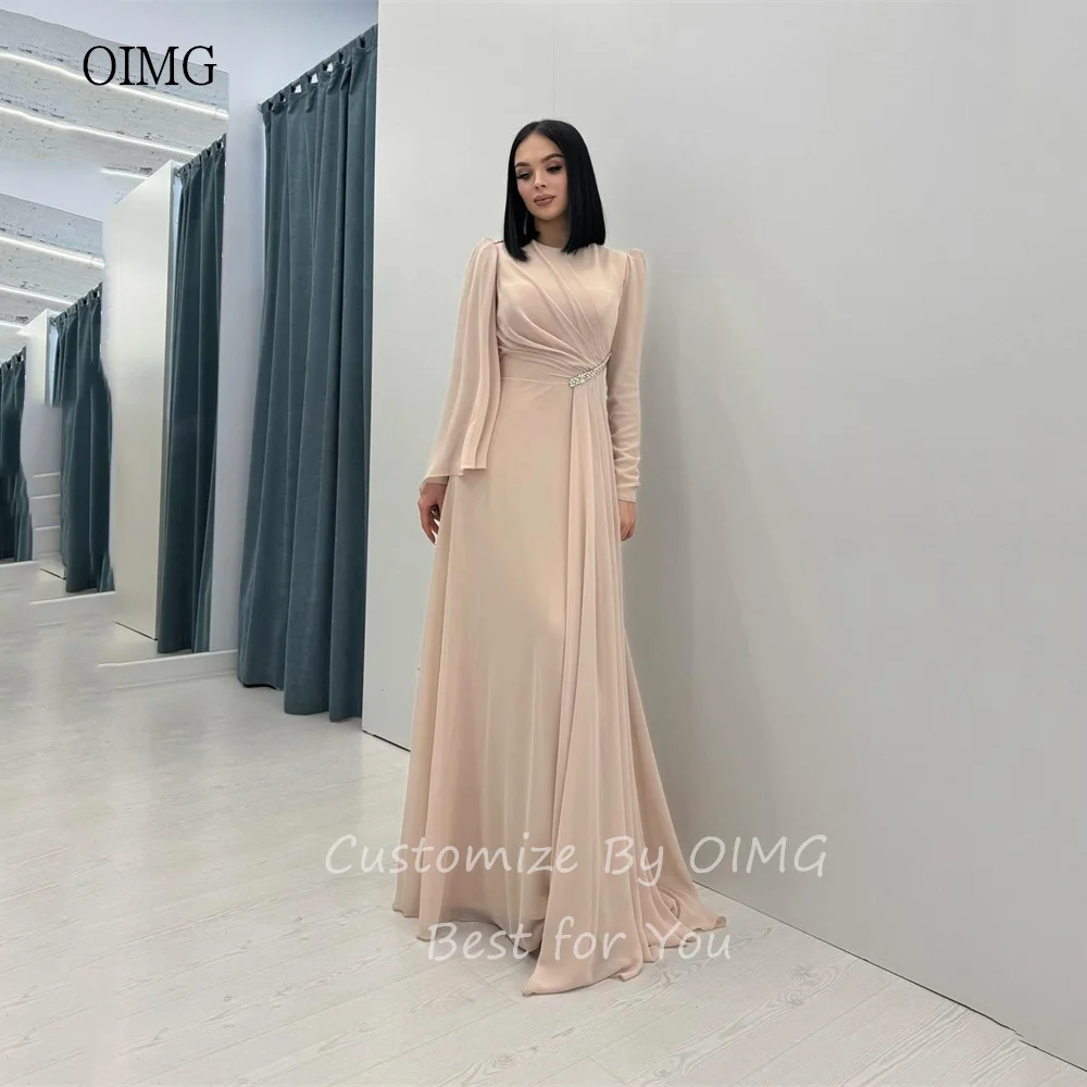 OIMG Elegant Blue A-line Prom Gowns Long Sleeve Formal Party Gown Chiffon Floor Length Evening Dress vestidos de fiesta