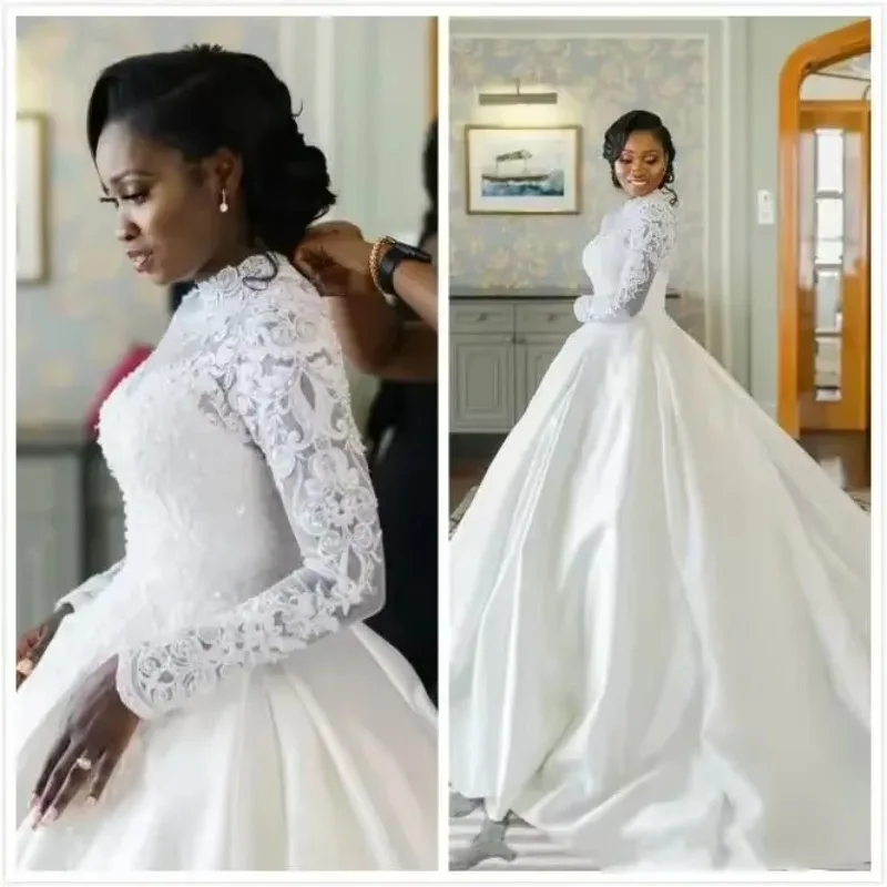 Customized White Ivory Wedding Dresses Muslim High Neck Long Sleeves Bridal Gowns Arabic Plus Size Lace Modest Lady Marriage