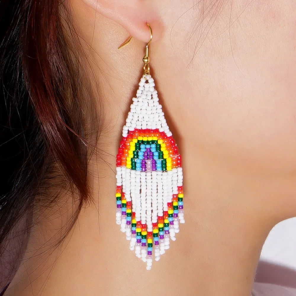 Anting manik-manik Rumbai Serbaguna Desain Pelangi Rajutan Tangan Bohemia Paduan Pasang Anting manik-manik beras warna gradien sederhana