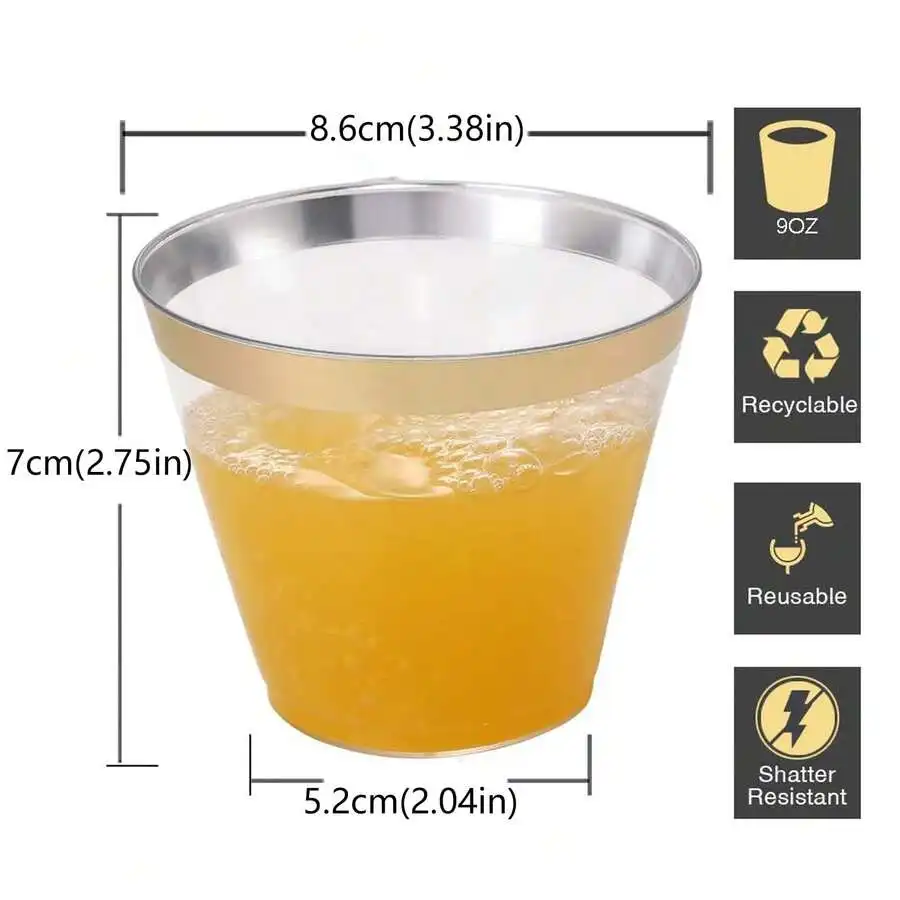 50PCS Gold Glitter Plastic Cups/Gold Plastic Cups, Disposable Cups Fancy Hard Glitter Cups/Gold Rimmed Disposable Wine Glasses F