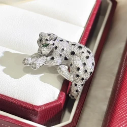 Luxury 925 Sterling Silver Black Enamel Spot High Carbon Diamond Panther Shaped Leopard Open Ring for Man or Woman Fine Jewelri