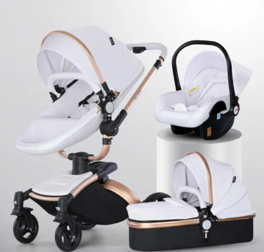 Luxury Baby Stroller,AGAPE Leather High View 3 in 1 Stroller For 0-3 Years,360 Ratetion Design High Quality 4 Wheels Baby Pram