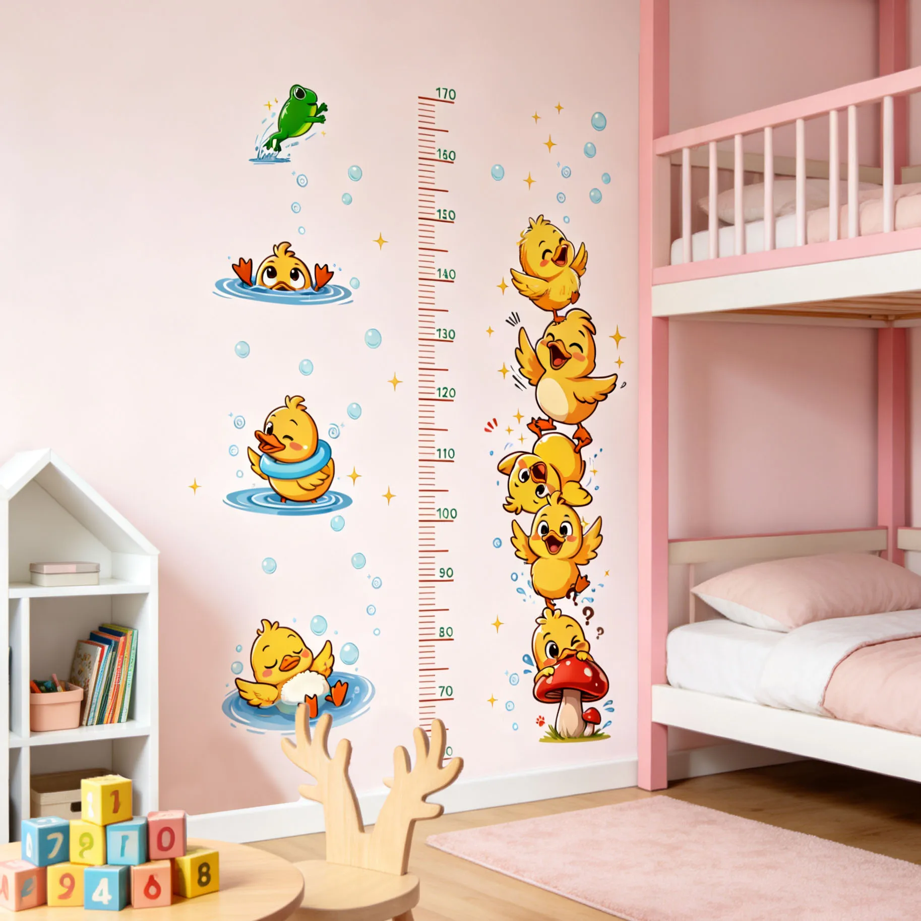 Cartoon Yellow Duck Height Chart Wall Stickers Kids Growth Measuring Ruler Cute Ducklings Frog Bubble Mushroom Wall Decals Remov