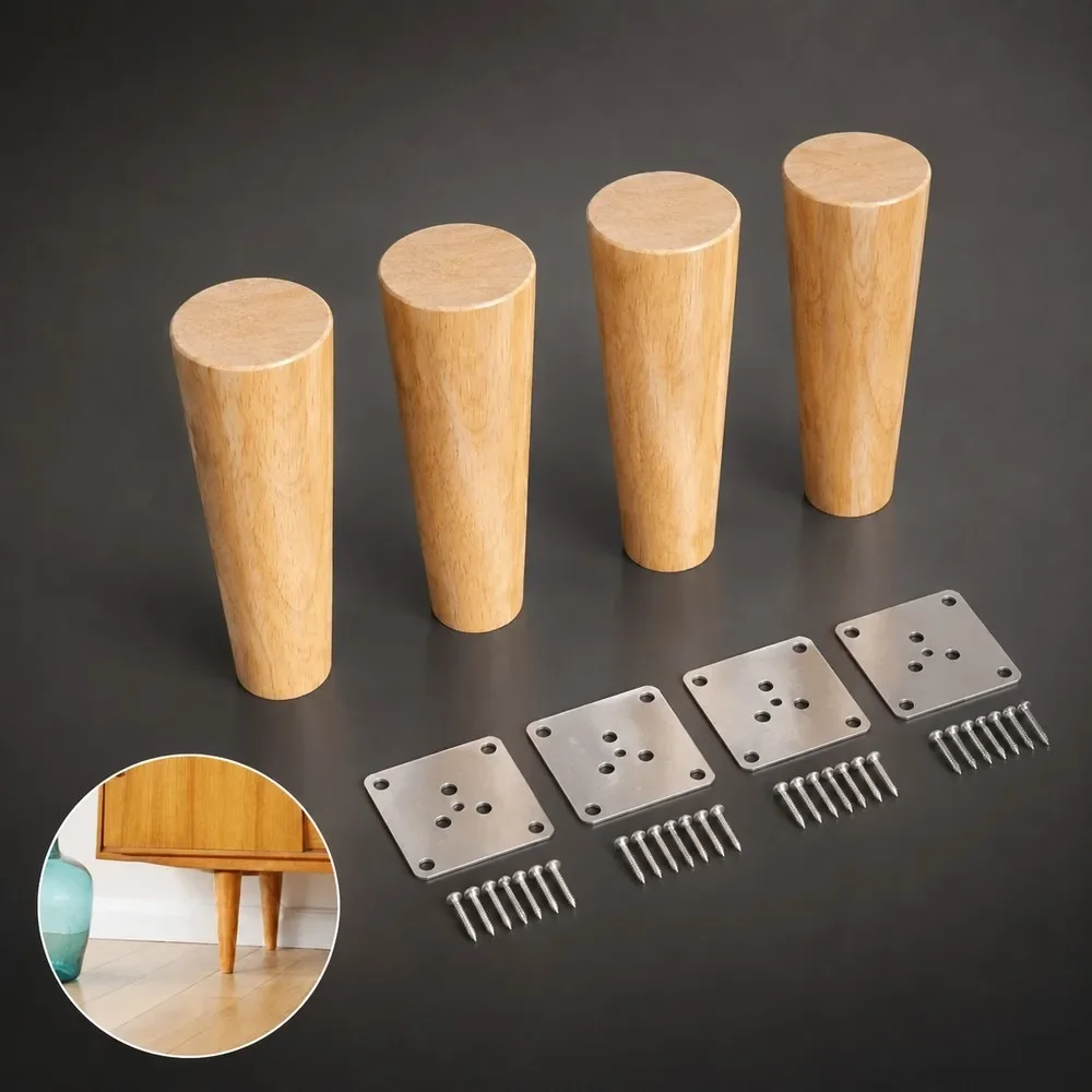Mid-Century Modern Wood Furniture Legs 4Pcs Round Sofa Feet Replacement for Chair Bed Cabinet Dresser, 4 Inch Solid Wood