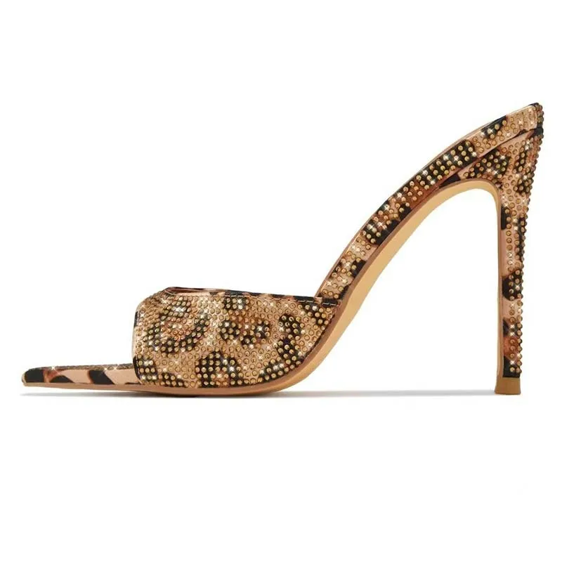 

Pointed Open Toe Stiletto Heel Sandals Rhinestone Leopard Print Fashion Slippers Slip-On Women's Shoes Sandalias Mujer Verano