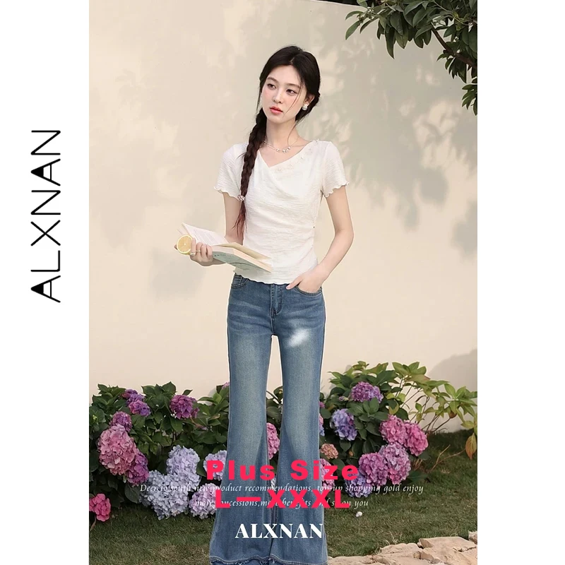ALXNAN Plus Size Women T-shirt Elegant Cowl Neck Pearl Flower Decor Short Sleeve T-shirts Wave Edge Slim-fit Tops Ladies D63963A