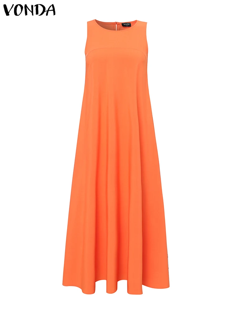 Vonda plus size vestido feminino sólido longo vestido de verão 2025 sexy sem mangas casual babados tanque robe festa maxi vestidos