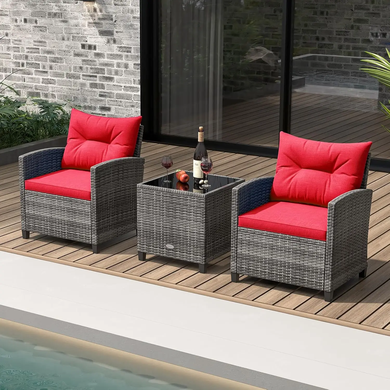 3 Piece Patio Furniture Set, Outdoor PE Rattan Conversation Set with Washable Cushions & Tempered Glass Tabletop, Wicker Chairs