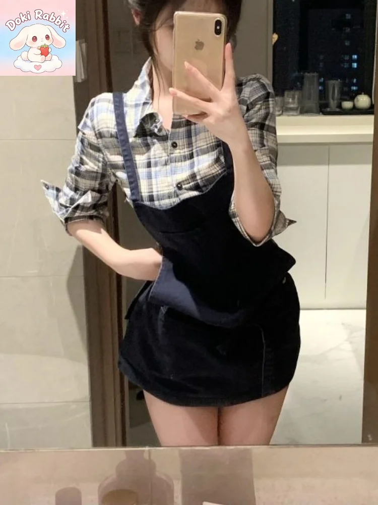 Korean Fashion Elegant Women's 2 Piece Set Plaid Long Sleeve Shirt + Design Black Suspender Skirt Y2k Summer Streetwear Outfits view 6