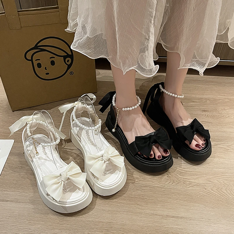 2026 Summer New Bow Design Women's Fashion Sandals Thick Bottom Pearl Button Open Toe Sandals