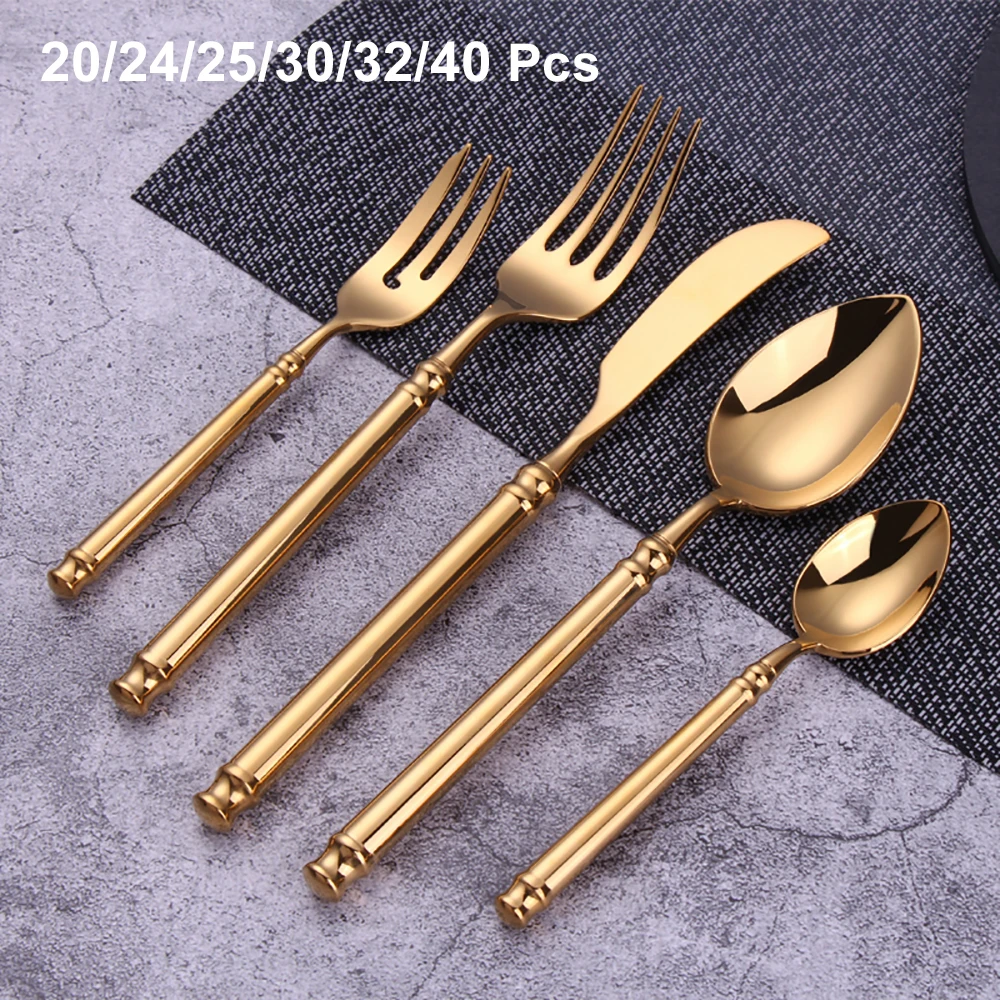 

20/24/25/30/32/40Pcs Gold Cutlery Stainless Steel Dinnerware Western Tableware Knife Fork Spoon Set Flatware Retro Sliverware