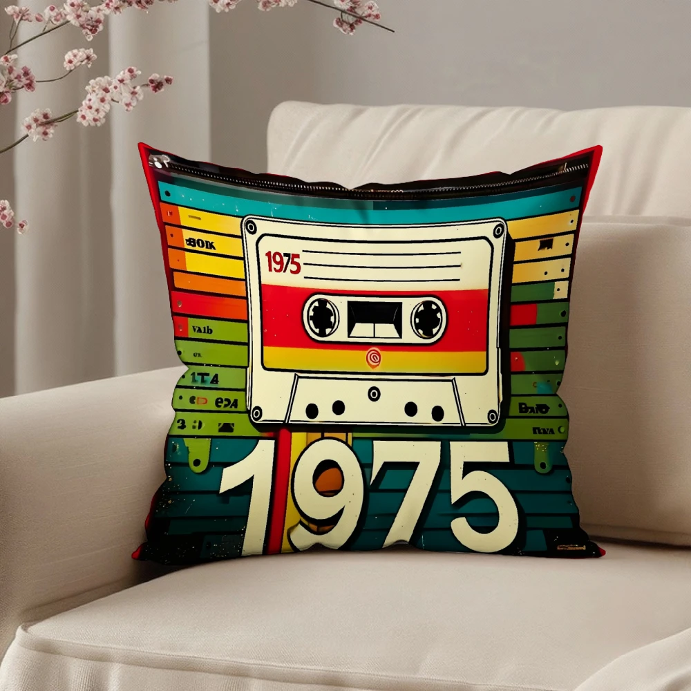 Retro Square Throw Pillow Case Multicolor Vintage 1975 Cassette Tape Print Decorative Cushion Cover For Living Room Sofa Bedroom